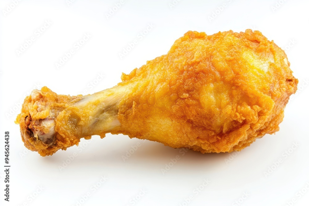 A crispy fried chicken drumstick on a white background. A crispy fried chicken drumstick on a white background.