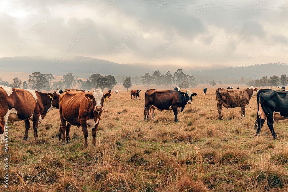Panorama of Cows in a Grassy Paddock at Sunrise Horizontal closeup panoramic photo of a group of brown Jerseys and black and white Friesian cows standing in a dry grass paddock on a misty sunrise morn Panorama of Cows in a Grassy Paddock at Sunrise Horizontal closeup panoramic photo of a group of brown Jerseys and black and white Friesian cows standing in a dry grass paddock on a misty sunrise morn
