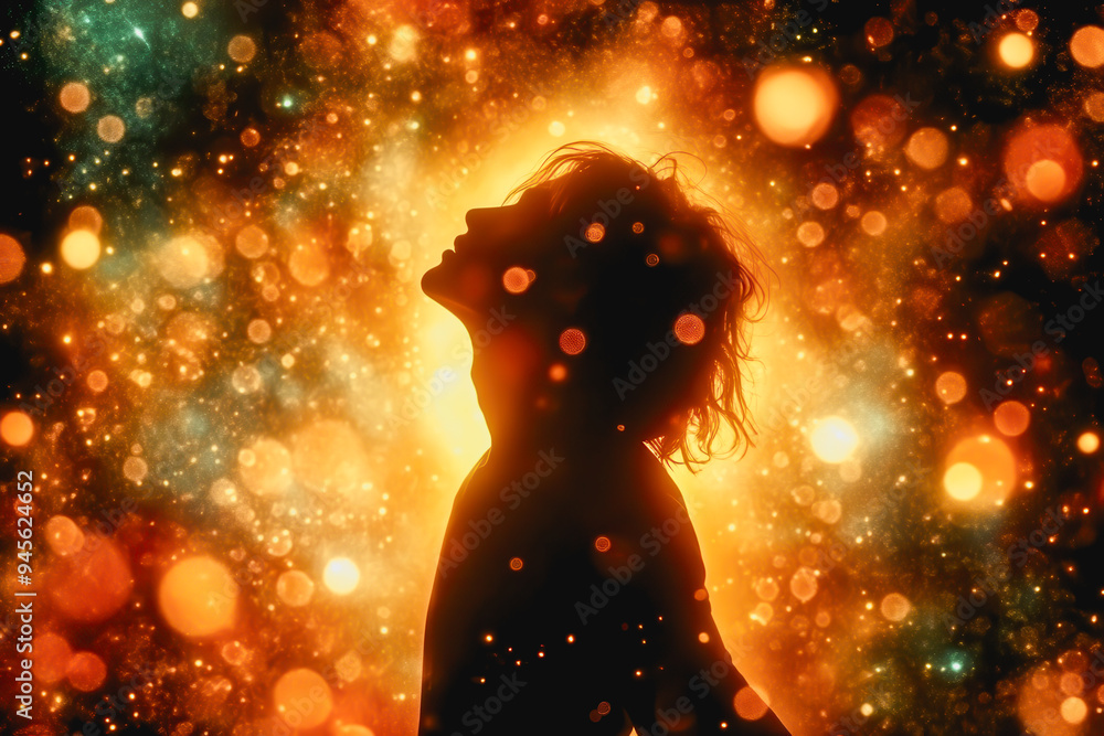 Silhouette with outstretched arms against a sunrise, surrounded by glowing orbs in a dreamlike scene Silhouette with outstretched arms against a sunrise, surrounded by glowing orbs in a dreamlike scene