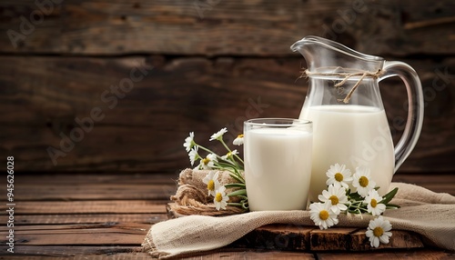 Milk in a glass and jug on a dark wooden background. photo