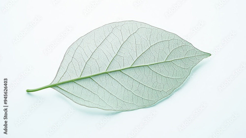 Obraz premium A delicate, translucent leaf showcasing its intricate vein structure against a light background.