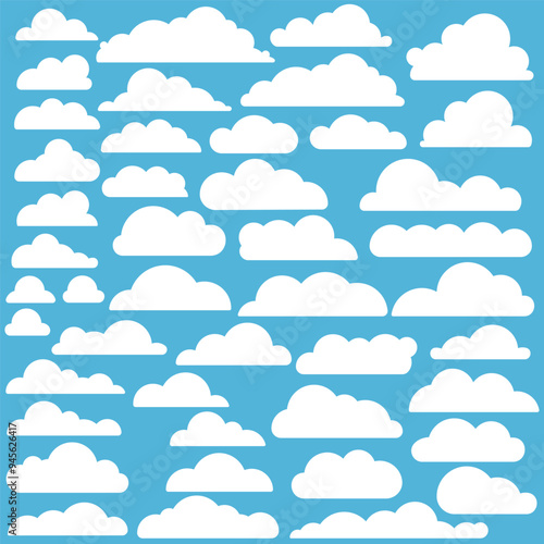 Collection of simple white clouds shape on blue background. Abstract isolated white cloud set, providing a clean and modern design for wallpapers, textiles, and digital applications. Vector illustrati