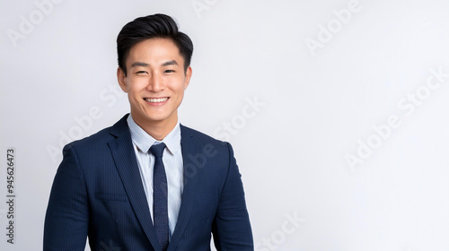 A smilling Asian businessman, with blue office suit, left aligned, isolated on a white background, photography