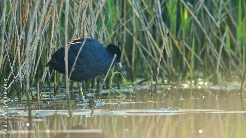 one Adult coot (Fulica atra) stands on a pond on a summer morning and grooms its feathers in Magdeburg - Saxony Anhalt - Germany - Europe one Adult coot (Fulica atra) stands on a pond on a summer morning and grooms its feathers in Magdeburg - Saxony Anhalt - Germany - Europe