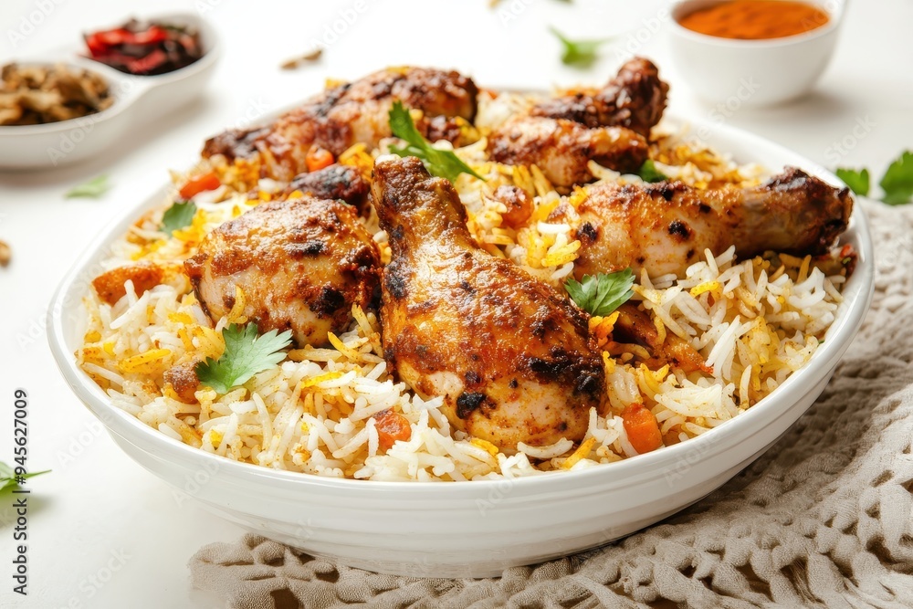 A delicious bowl of biryani with grilled chicken, garnished with herbs. A delicious bowl of biryani with grilled chicken, garnished with herbs.