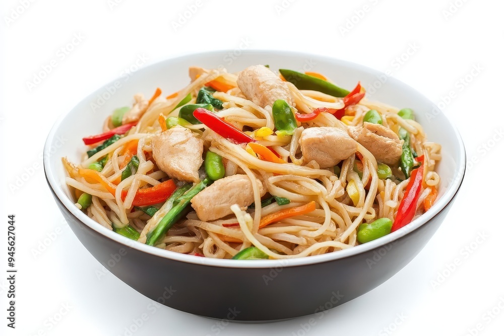 A delicious bowl of stir-fried noodles with chicken and vegetables. A delicious bowl of stir-fried noodles with chicken and vegetables.