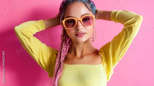 Wallpaper Mural positive girl with dyed hairstyle dressed yellow shirt in sunglass on pink background  Torontodigital.ca