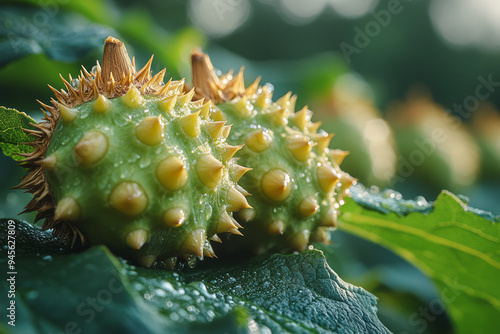 Close-up of chestnuts in spiny shells, looking like hedgehogs, paired with green nuts, photo