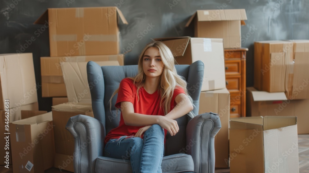 The woman and packing boxes The woman and packing boxes