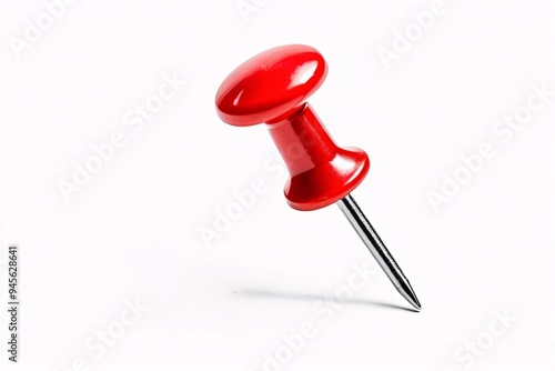 Single red push pin isolated on white background.