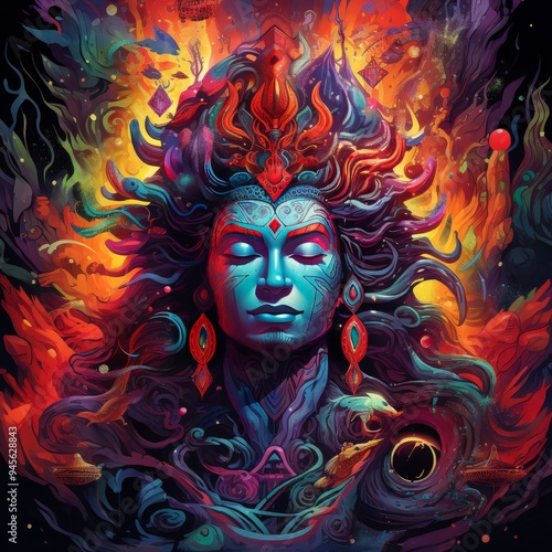 Wallpaper Mural A vibrant, mystical illustration featuring a serene figure surrounded by flames and swirling colors. Torontodigital.ca