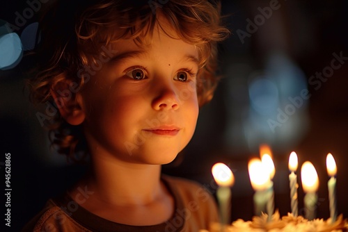 Wallpaper Mural Children's birthday celebration with cake and candles. Boy bring a cake to make a wish and blow Torontodigital.ca