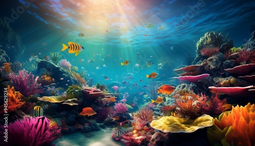 Underwater marine life scene with coral reef and colorful fish.