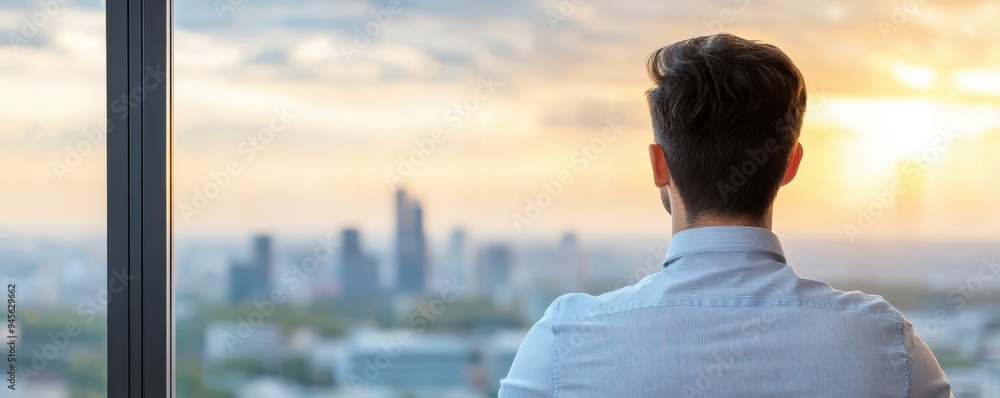 A man gazes out over a city skyline at sunset, contemplating the beauty of urban life and reflecting on personal aspirations. A man gazes out over a city skyline at sunset, contemplating the beauty of urban life and reflecting on personal aspirations.