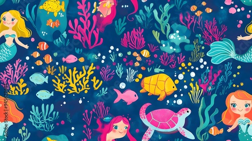 Playful underwater scene with mermaids, sea turtles,and coral reefs on.a seamless tiled wallpaper