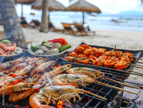 Friends enjoying a beach barbecue with fresh seafood, under a colorful umbrella on a sunny day.