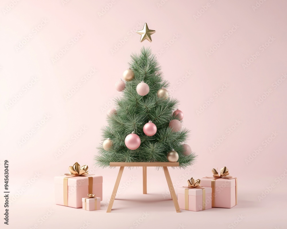Minimalist Christmas tree with pink ornaments and gifts on a pink background Generative AI Minimalist Christmas tree with pink ornaments and gifts on a pink background Generative AI