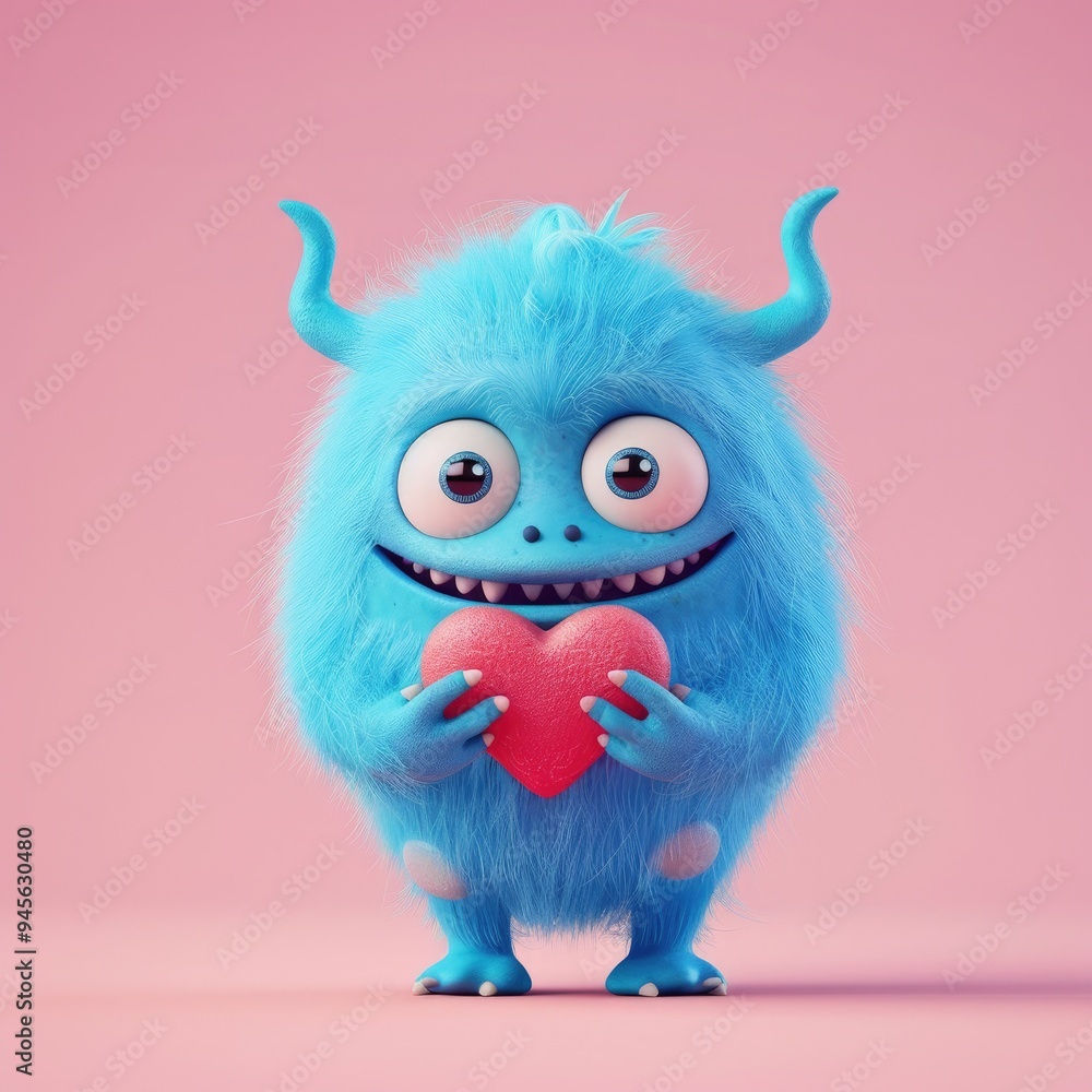 Naklejka premium Cute Blue Monster Holding Heart
