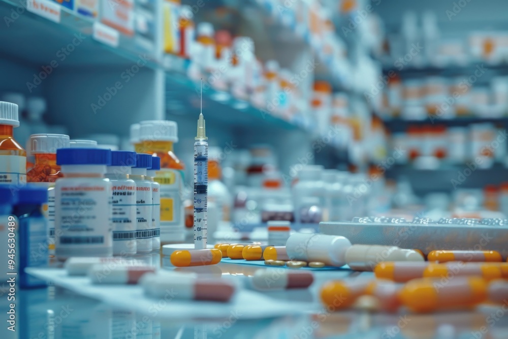 A shelf filled with various medicine bottles in a pharmacy setting A shelf filled with various medicine bottles in a pharmacy setting