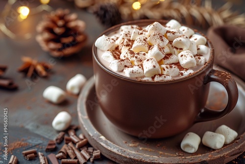 A steaming mug of hot chocolate topped with a generous swirl of whipped cream and fluffy marshmallows, a sprinkle of cocoa powder dusted over the cream, with a cinnamon stick peeking out, all placed o