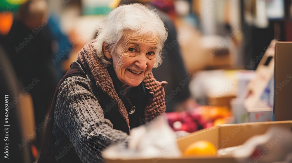 Real world senior life. A cheerful elderly woman with gray hair smiles while sorting through fresh produce at a bustling market. Real world senior life. A cheerful elderly woman with gray hair smiles while sorting through fresh produce at a bustling market.