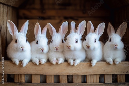 Group of six little white rabbits in the hutch. 