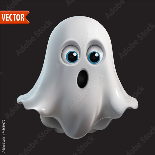 A 3D ghost character with a surprised look and blue eyes on a dark background, suitable for Halloween graphics, themed projects, and children illustrations.