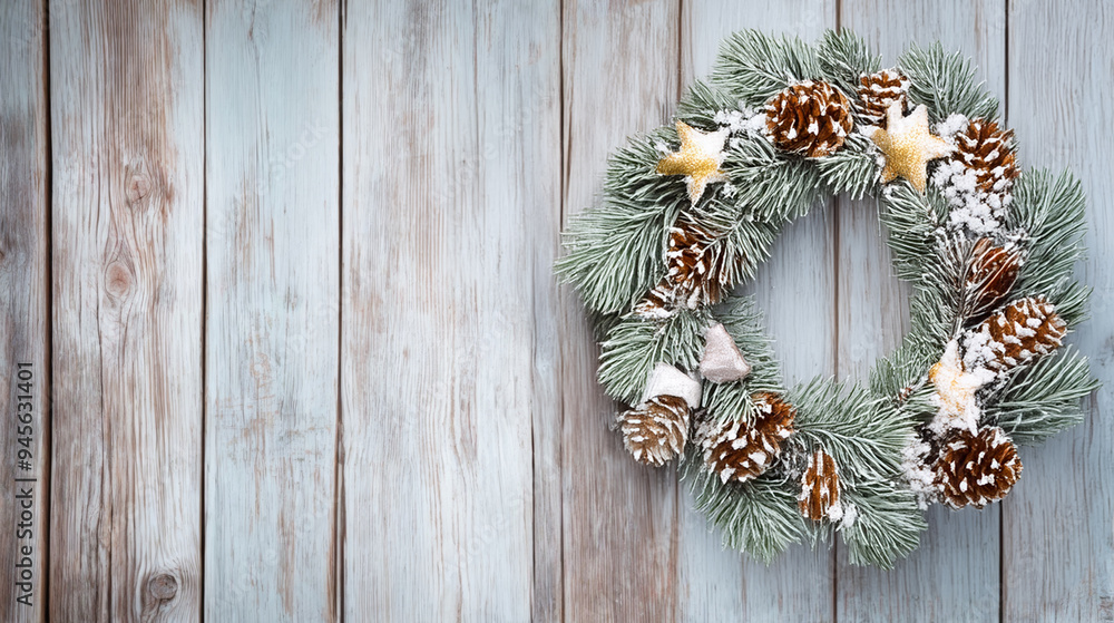 A festive winter wreath adorned with pinecones and stars, hanging on a rustic wooden wall in a cozy holiday setting A festive winter wreath adorned with pinecones and stars, hanging on a rustic wooden wall in a cozy holiday setting