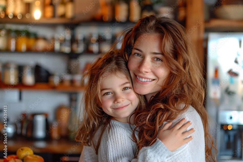 Happy family enjoying quality time in the kitchen, daughter embracing her mother warmly. Happy family enjoying quality time in the kitchen, daughter embracing her mother warmly.