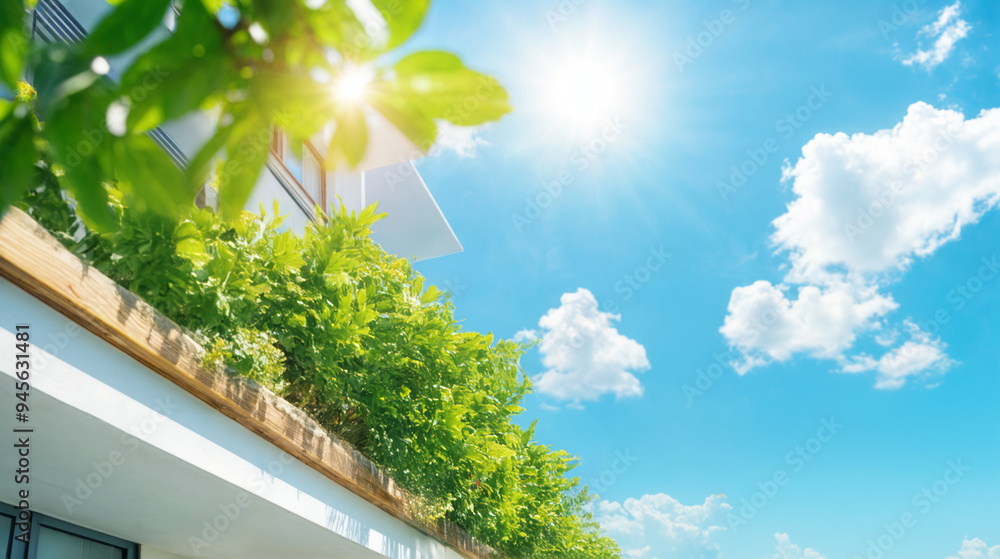 Bright sunny day with clear blue skies and lush greenery on a modern building's balcony in a vibrant urban setting Bright sunny day with clear blue skies and lush greenery on a modern building's balcony in a vibrant urban setting