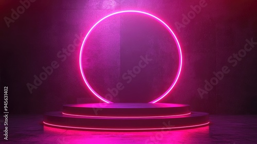 3D Rendered Stage Background Featuring Podium and Circular Neon Lighting Contemporary Advertising Concept Backdrop