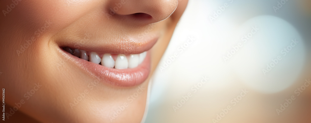 Obraz premium Smiling close-up of a person in soft natural light highlighting beautiful teeth and lips, conveying warmth and happiness in a friendly atmosphere