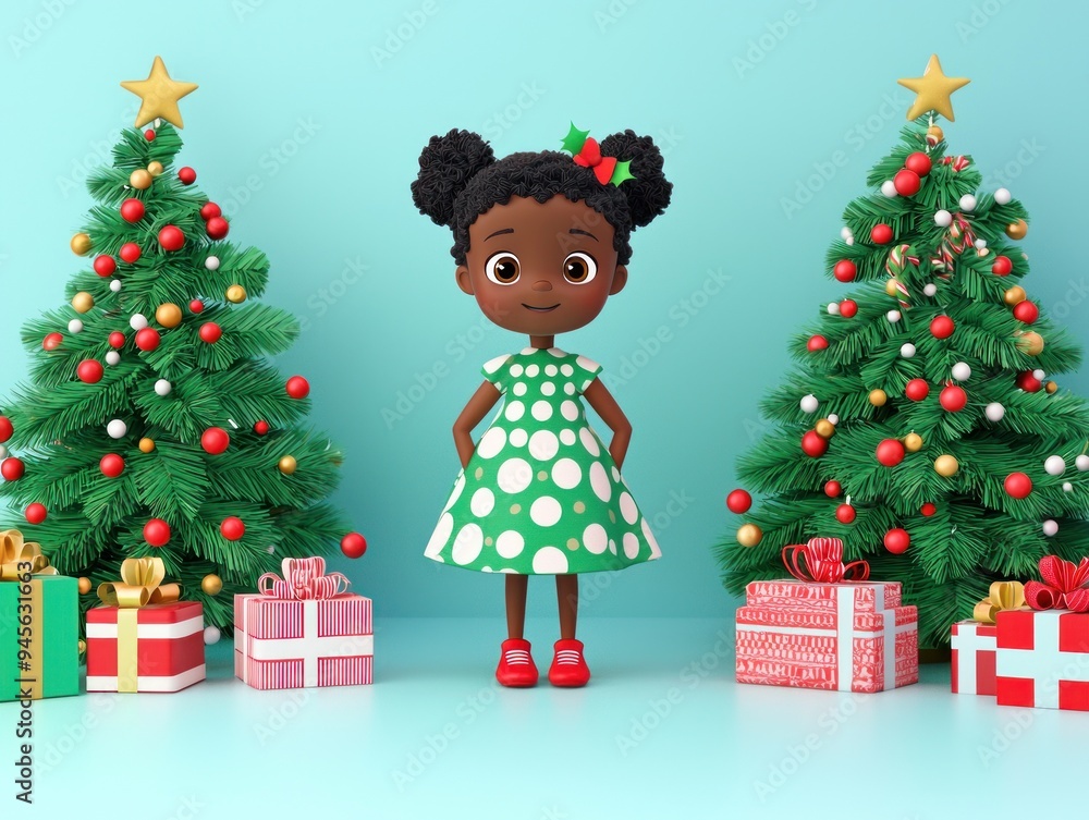Cute girl in a festive dress standing beside a decorated Christmas tree with presents Generative AI Cute girl in a festive dress standing beside a decorated Christmas tree with presents Generative AI