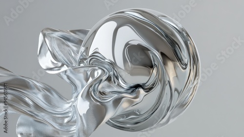 3D rendering of abstract art featuring a spherical shape undergoing metamorphosis characterized by organic curves and soft forms in matte liquid metal with glossy silver accents on a grey backdrop