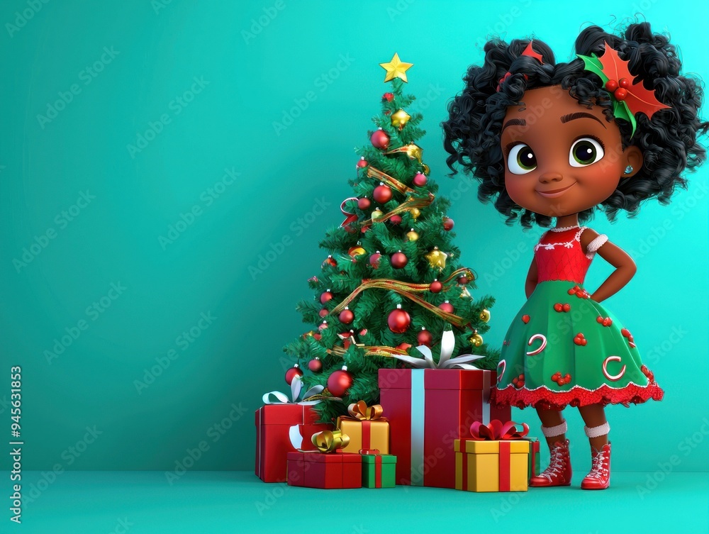 Smiling girl in a festive dress standing beside a decorated Christmas tree with gifts Generative AI Smiling girl in a festive dress standing beside a decorated Christmas tree with gifts Generative AI