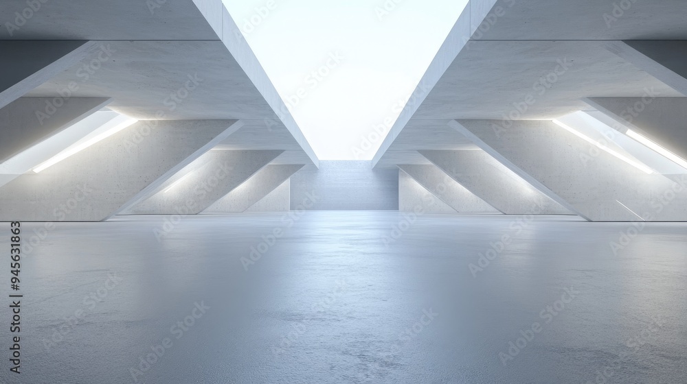 Fototapeta premium 3D rendering of an abstract futuristic architectural design featuring a vast empty concrete floor suitable for automotive showcases
