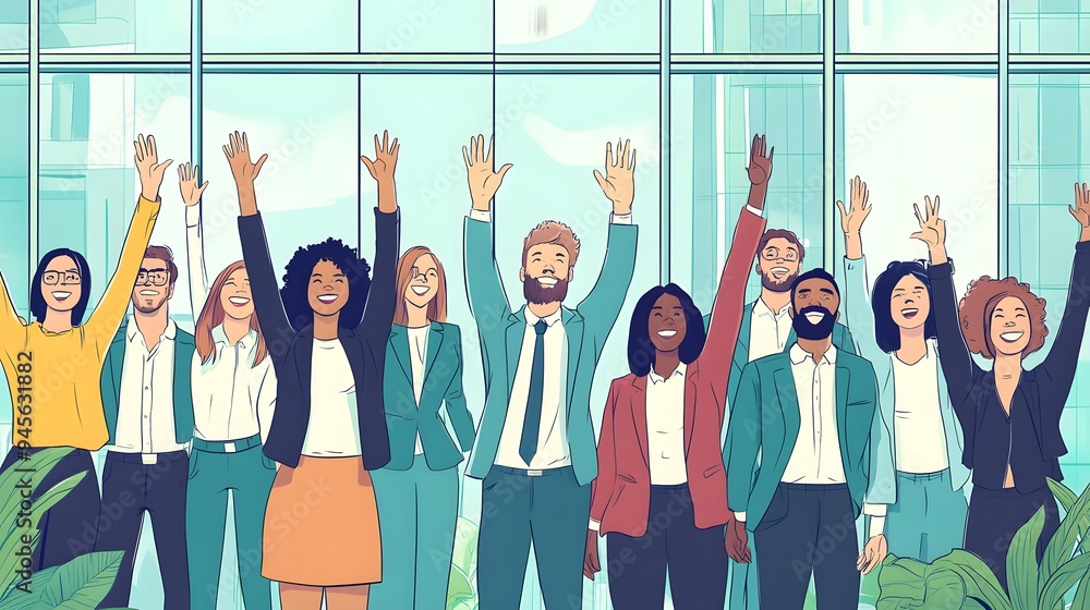 Fototapeta premium In the office of a company, many people from different ethnicities stand together and reach out to each other with their hands in celebration, with large windows overlooking buildings, doodle style