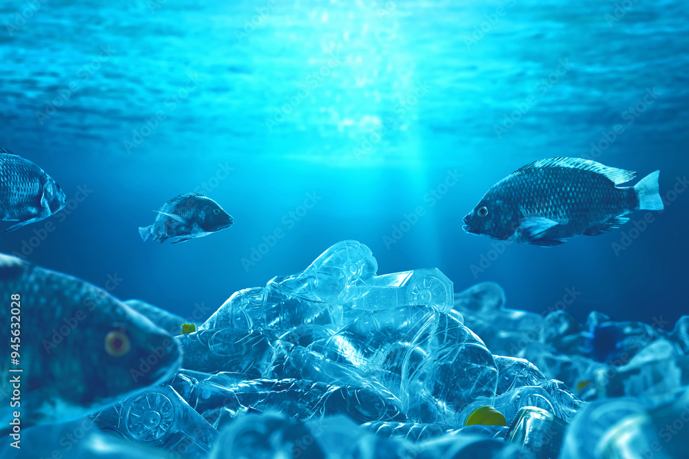 Fototapeta premium Fish swimming underwater with pile of plastic bottle, Pollution concept.