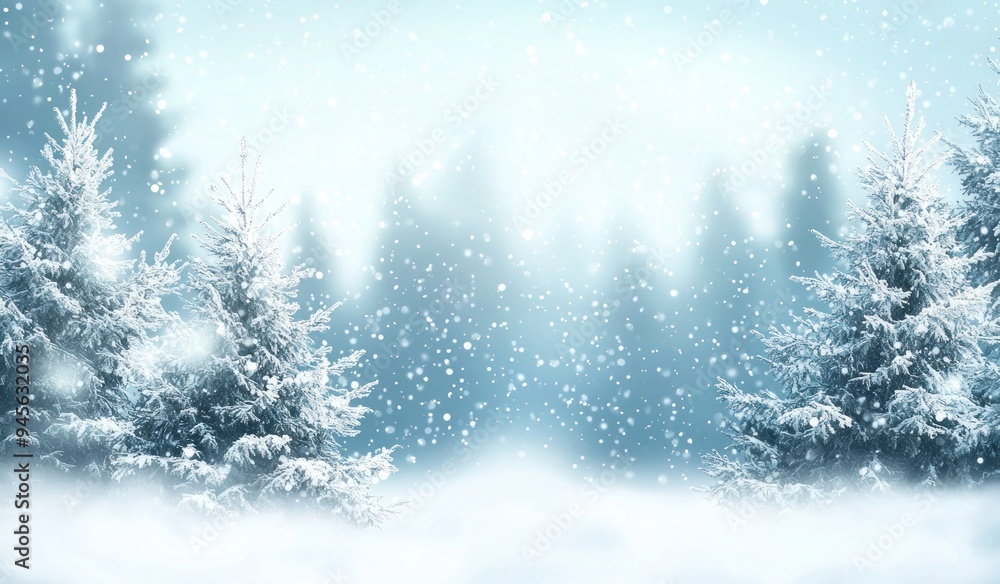 Snowy pine trees in a winter landscape with falling snowflakes and a blue sky Generative AI Snowy pine trees in a winter landscape with falling snowflakes and a blue sky Generative AI