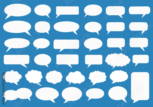Set of white speech bubbles of various shapes on a blue background, perfect for comic art, graphic design, and social media posts. Ideal for adding text and creative messages. Vector illustration