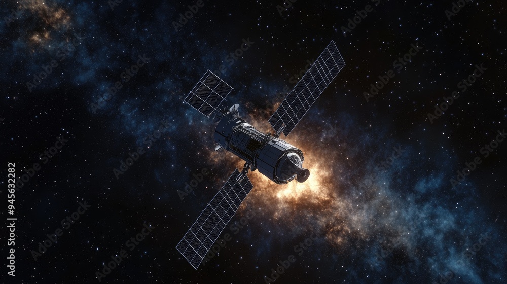Computer generated illustration depicting a satellite in orbit around a celestial body Computer generated illustration depicting a satellite in orbit around a celestial body