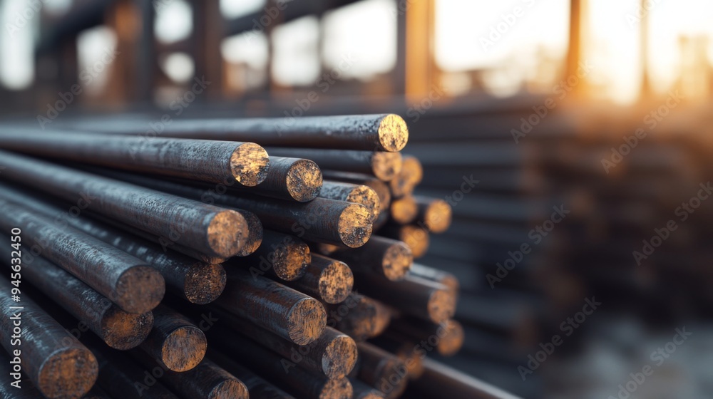 Close-up of stacked steel rebar rods at a construction site during sunset. Close-up of stacked steel rebar rods at a construction site during sunset.