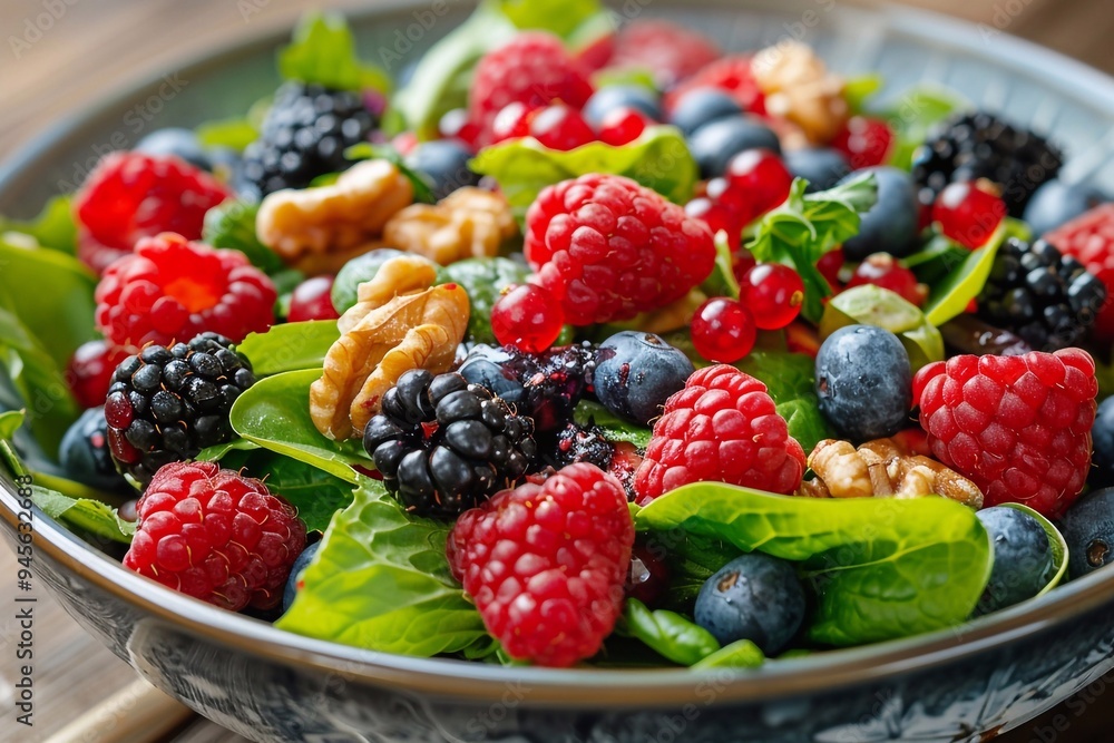 Vibrant green salad topped with fresh berries, crunchy nuts, and nutritious seeds. Vibrant green salad topped with fresh berries, crunchy nuts, and nutritious seeds.