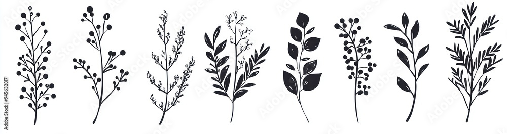 Naklejka premium Black silhouette illustrations of various botanical stems and branches with leaves and berries on a white background Generative AI