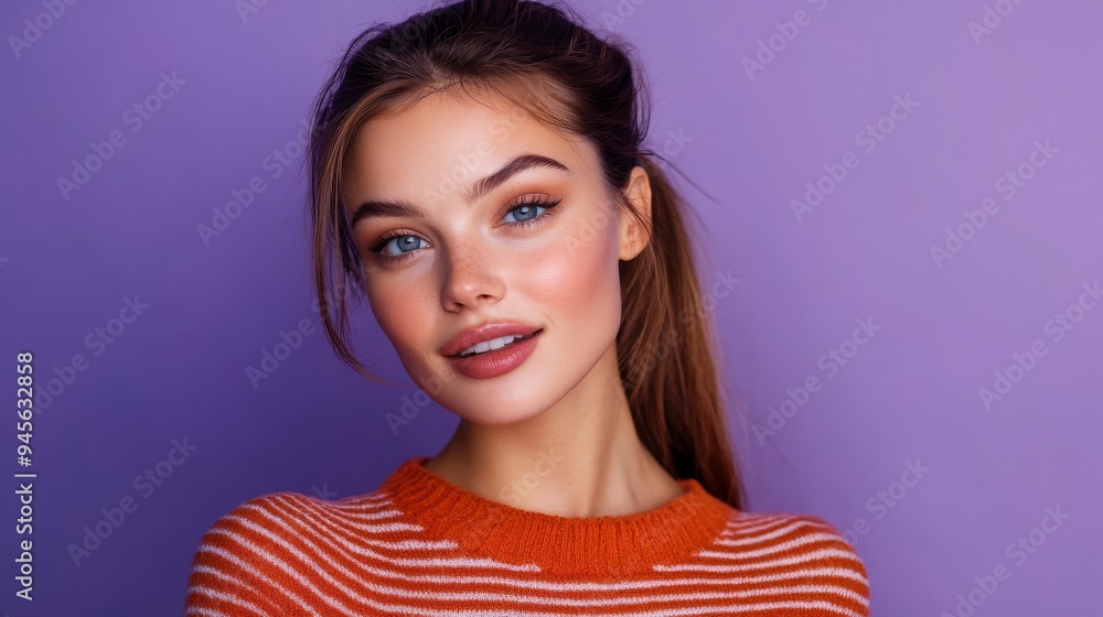 portrait of a pretty young woman on a purple background portrait of a pretty young woman on a purple background