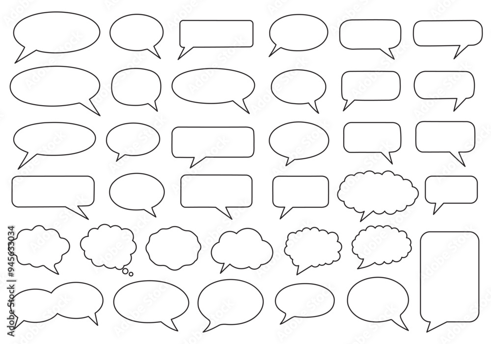 Fototapeta premium Collection outline speech bubbles in various shapes, including round, rectangular, and cloud designs. For comics, graphic design, creative projects needing text placeholders. Vector illustration