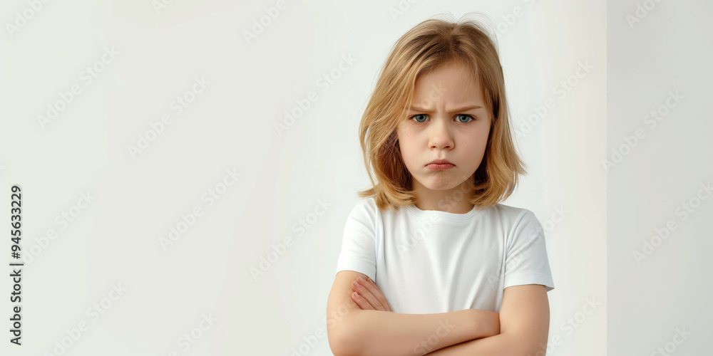 Angry Little Girl with Arms Crossed in White T-Shirt Against White Background Angry Little Girl with Arms Crossed in White T-Shirt Against White Background