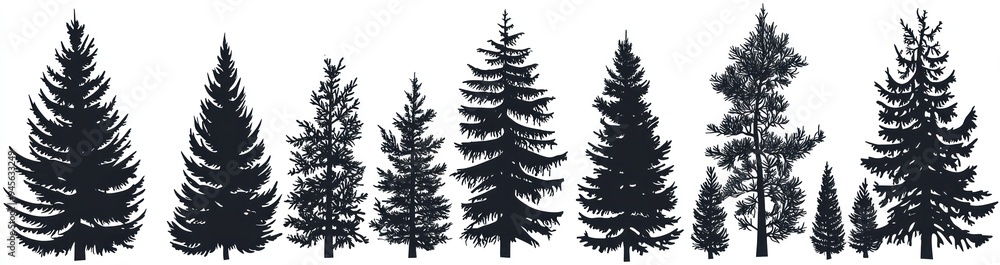 Fototapeta premium Silhouette Illustrations of Different Evergreen Trees in Black and White Generative AI