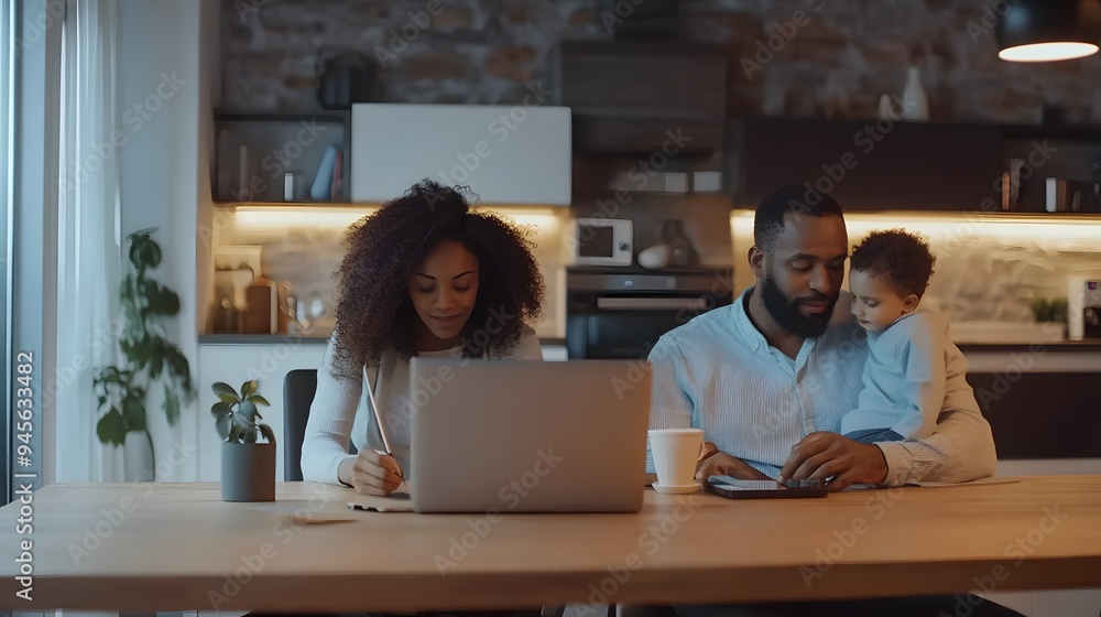 Remote working. a multicultural family with both parents working from laptops at the kitchen table. Remote working. a multicultural family with both parents working from laptops at the kitchen table.