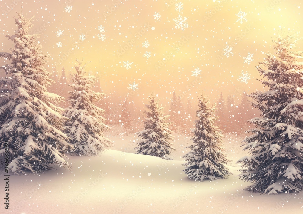 Snowy landscape with evergreen trees and snowflakes falling at sunrise Generative AI Snowy landscape with evergreen trees and snowflakes falling at sunrise Generative AI